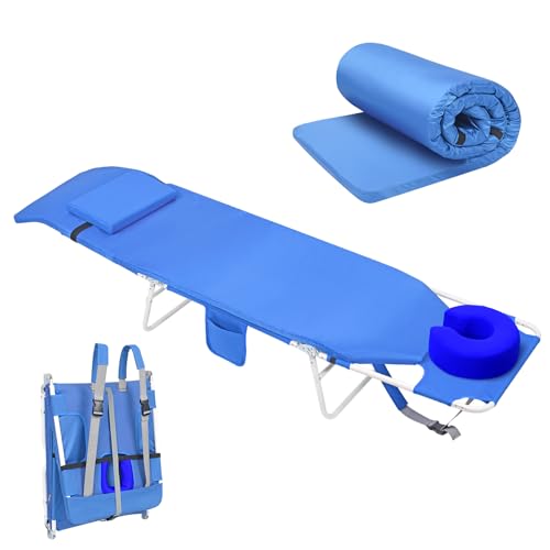 3 in 1 Women Comfort Backpack Tanning Beach Chair with Face Hole Padded Adjustable & Cushion | Portable Folding Lounge Sun Chair for Adult Outside Reading Sunbathing Poolside | Reclining 6 Position - color: Royal Blue / 1 Pack