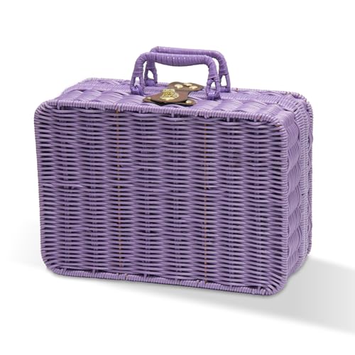 Mini Wicker Picnic Basket, Decorative Prop Suitcase Vintage Storage Hamper Makeup Organizer, 11.5" Metal Lock Rattan Storage Box with Handles for Sundries Travel Camping and Outdoor Party (Purple, L) - color: Purple, size: Large