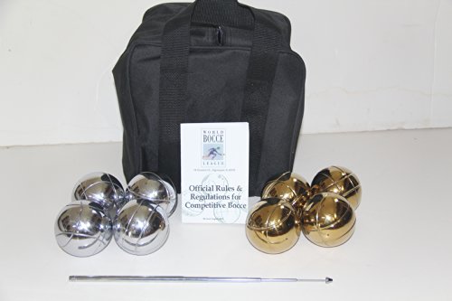 BuyBocceBalls Listing - Unique 73mm Petanque/Bocce Pack - with Mix of 8 Gold/Silver Balls, Black Nylon case, Rule Book and extendable Measuring Device