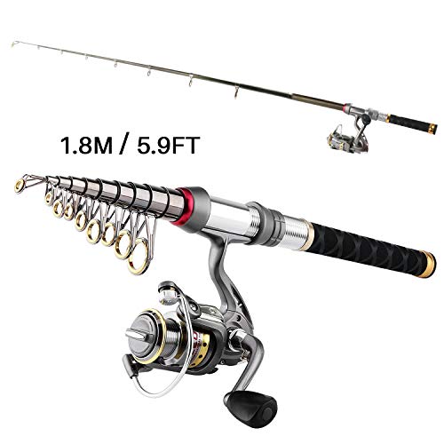 Fishing Rod Reel Combo Full Kit Telescopic Spinning Pole Set with Reel Line Lures Hooks Carrier Bag Saltwater Freshwater Fishing Gear Tool for Kids Adults Professional - color: Black-5.9FT