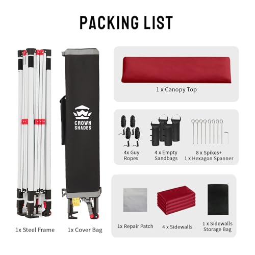 CROWN SHADES 10X10 Commercial Instant Canopy Pop Up Tent with Center Lock, 300D Fabric, 4 Sidewalls, Sto'N Go Bag, Red - color: Red, size: 10x10 Classic