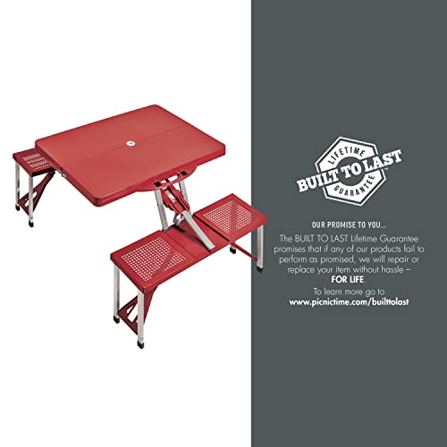 Picnic TIME Portable Folding Picnic Table with Seats for 4, Collapsible Aluminum Table with Benches & Umbrella Hole, Lightweight Foldable Table for Camping, Travel, Backyard, Tailgating | with Umbrella Hole - color: Red