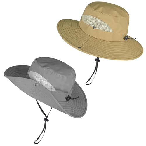 ZOORON Sun Hats for Men Women, Wide Brim Safari Hats UV Protection UPF50+ Waterproof Boonie Hats for Fishing Hiking Camping - color: 2pack-khaki+gray