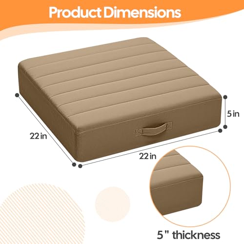 MeMoreCool Square Floor Pillow Seating for Adults Kids, Large Meditation Cushion Floor Pillow with Thick Foam & Soft Tufted Cover, Washable Big Pillow Seat Floor Cushion for Sitting Yoga 22" Coffee - color: Light Coffee, size: 22 Inch