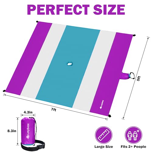 Purple Beach Blanket with Umbrella Hole 7ftx5ft- Water Resistant, Sandproof, Lightweight, Rip-Stop Nylon with Umbrella Hole & Sand Pockets, Camping Essentials, Beach Canopy Compatible - color: Purple, size: 7x5