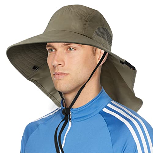 SUN CUBE Wide Brim Sun Hat with Neck Flap, UPF50+ Hiking Safari Fishing Hat for Men Women, Sun Protection Beach Hat - color: Olive