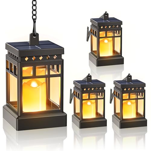 KOOPER Solar Lanterns Outdoor Waterproof, 2 Modes Hanging Solar Lantern with LED Realistic Flickering Flameless Candle, Candles Lanterns Lights Decorative for Outside Hanging Patio Yard Table Tree - style: 4 Pack