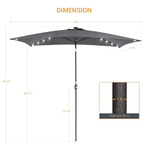 Rectangle Patio Umbrella with Solar Lights, 10 x 6.5ft Rectangular Outdoor Umbrella Table Market Patio Umbrella with Push Button Tilt and Crank for Garden, Deck, Backyard, Pool - color: Anthracite