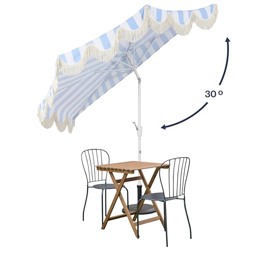 JONATHAN Y Half Umbrella UMB1201J Beverly 9 ft. Designer Classic Scalloped Fringe Market Patio with Crank, Tilt Button and UV Protection in Light Blue/White, White Pole - color: Light Blue/White - White Pole