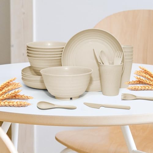 SHECIPIN 42-Piece Wheat Straw Dinnerware Set, Large Round Plates, Bowls and Cups, Unbreakable dish set, Dishwasher and Microwave Safe, Outdoor Dishes (Beige) - color: Beige