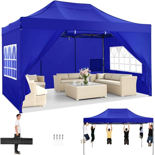 COBIZI 10x15 Heavy Duty Pop Up Canopy Tent with 4 Sidewalls Thicken Frame, Commercial Easy Up Outdoor Wedding Party Tents, All Season Waterproof Windproof with Stakes Sandbags Ropes Bag, Mediterranean - color: Mediterranean, size: 10x15
