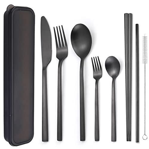 AARAINBOW 6 Pieces Stainless Steel Flatware Set Portable Reusable Cutlery Set Travel Utensils Set Including Chopsticks Knife Fork Spoon Straws Cleaning Brush Dishwasher Safe (B-Black) - color: B-Black