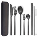AARAINBOW 6 Pieces Stainless Steel Flatware Set Portable Reusable Cutlery Set Travel Utensils Set Including Chopsticks Knife Fork Spoon Straws Cleaning Brush Dishwasher Safe (B-Black) - color: B-Black