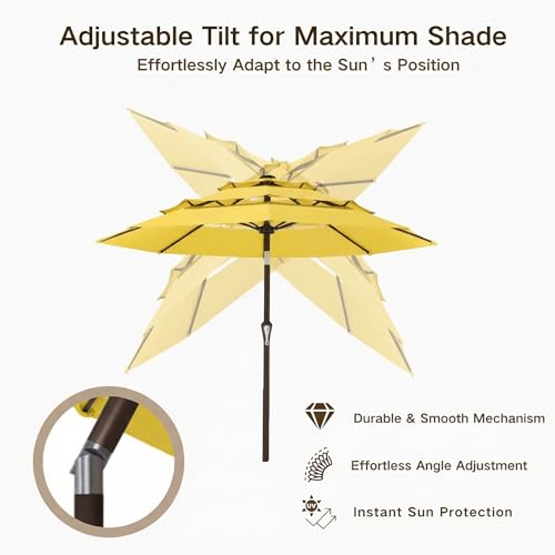 Kingdura 9ft 3-Tier Patio Umbrella, Outdoor Table Umbrella with Easy Crank & Tilt, 8 Reinforced Ribs, UV Protection for Deck, Pool, Market, Backyard (Yellow) - color: Yellow, size: 9 FT