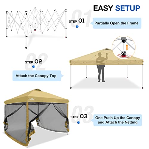 EAGLE PEAK 10x10 Outdoor Easy Pop up Canopy with Netting, Instant Screen Party Tent with Mesh Side Walls, Beige - color: Beige