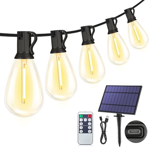 25FT Solar String Lights with Remote, 3 Lighting Mode Outdoor Waterproof Dimmable Patio Lights String with 10+1 Shatterproof S11 LED Bulbs for Backyard-Black - color: Black