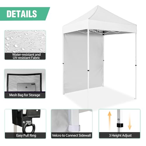 5x5 Pop Up Canopy Tent with One Sidewall, Instant Portable Beach Canopy, Outdoor Tent with Carry Bag for Camping, Sports, Tailgating, Events, White - color: White, size: With One Wall