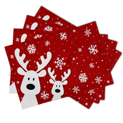 Christmas Reindeer Placemats Set of 4, 12x18 Inch Funny Xmas Red Snowflakes Winter Seasonal Heat Resistant Washable Place Mats for Kitchen Dining Table Indoor Holiday Party Decor - color: Christmas Reindeer