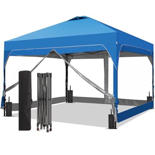 8x8 FT 1-Button Push Pop Up Canopy with 4 Clear PVC Sidewalls, Sandbags, Instant Canopy Tent for Outdoor Events - color: Blue, size: 8x8 with PVC Sidewalls