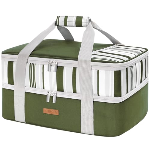 LUNCIA Insulated Double Decker Casserole Carrier, Lasagna Lugger Tote Keeps Food Hot or Cold, Thermal Lunch Bag for Potluck Parties, Picnic and Cookouts, Fits 9" x 13" Baking Dish, Dark Green - color: Dark Green, size: 15.7 X 11.4 X 8.3inch