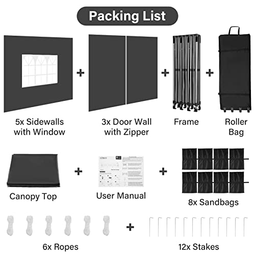 COBIZI 10x30 Heavy Duty Pop Up Canopy Tent with 8 Sidewalls Thicken Frame, Commercial Easy Up Outdoor Wedding Party Tents, All Season Waterproof Windproof with Stakes Sandbags Ropes Roller Bag, Black - color: Black, size: 10x30