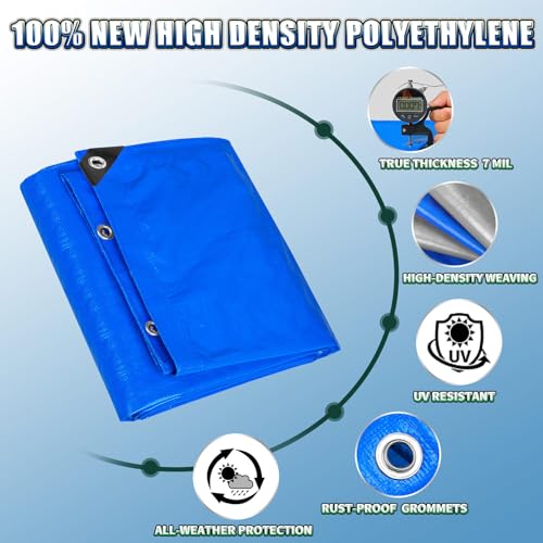 Tarp 8x12 Feet, 7 Mil Thick Waterproof Poly Tarps Cover UV Resistant, Rip & Tear Proof with Metal Grommets Every 20 Inche (Blue/Silver) - color: Blue/Silver, size: 8x12 Ft