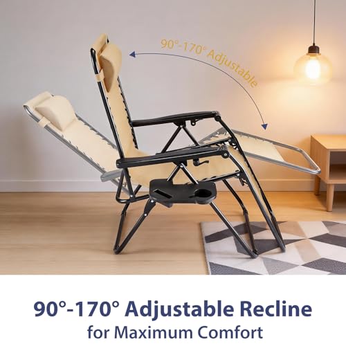 Sweetcrispy Zero Gravity Chairs, Set of 2 Portable Recliner Beach Camping Patio Outdoor Folding Lounge Chair with Cup Holder Trays and Adjustable Pillow for Poolside, Garden, Backyard, Lawn (Khaki) - color: Khaki