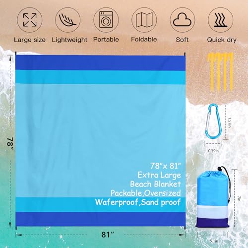 Beach Blanket Waterproof Sandproof Oversized Lightweight 78''×81'' 1-5 Adults Blanket Beach Large Picnic Mat for Travel Camping Hiking Picnic - color: Blue, size: 78''x81''