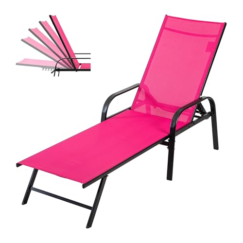 DUMOS Outdoor Lounge Chaise, 5-Position Chaise Lounge with Armrests, Sun Tanning Chair 350 lbs Heavy Duty Patio Pool Chair, Waterproof Sun Lounger for Deck, Backyard, Beach & Poolside, Pink - color: Light Pink