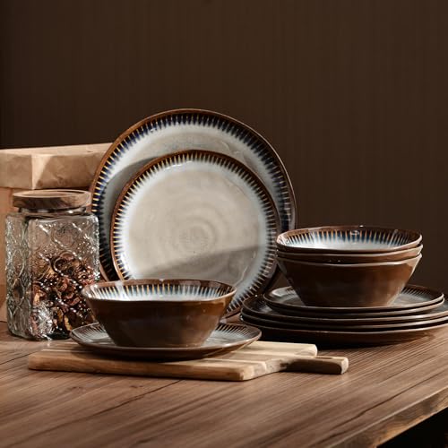Melamine Dinnerware Set, 12 Pcs Dishware Sets, Plate and Bowl Set Service for 4, Lightweight and Unbreakable Dinnerware Sets for Camping, Great for RV, Dishwasher Safe, Sahara Beige and Blue - color: Sahara Beige