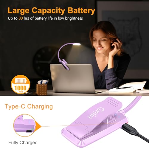 Gritin 9 LED Rechargeable Book Light for Reading in Bed - Eye Caring 3 Color Temperatures,Stepless Dimming Brightness,80 Hrs Runtime Small Lightweight Clip On Book Reading Light for Studying-Purple - color: Purple
