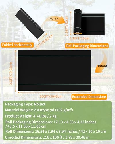 Pterying 2.6ftx100ft Weed Barrier Landscape Fabric Heavy Duty, Premium Garden Geotextile Fabric Weed Blocker for Driveway Mats Erosion Control, Weed Control Garden Cloth Ground Cover - size: 2.6FTx100FT