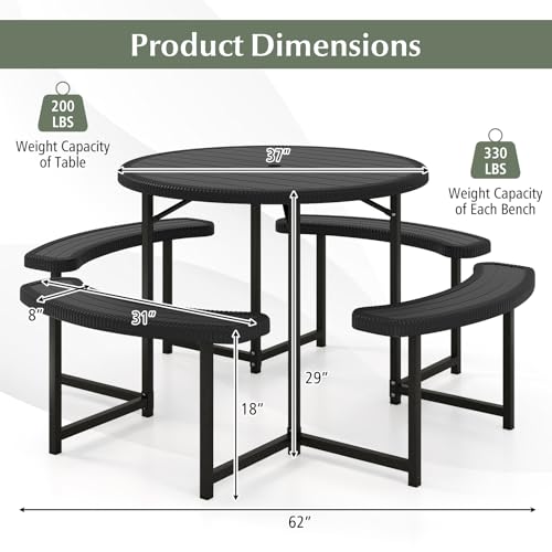 Byroce 8-Person Picnic Table for Outdoors, HDPE Picnic Table Set with 4 Benches, Umbrella Hole & Metal Frame, Heavy Duty Round Dining Table Chairs for BBQ Party in Patio, Yard & Poolside (Black) - color: Black