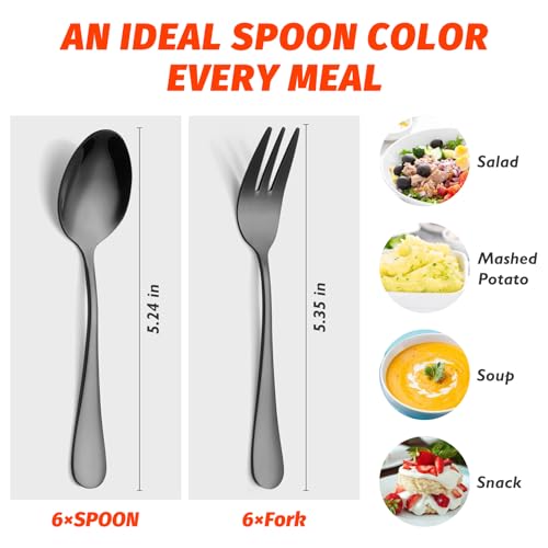 12 PCS Fork and Spoon, Black Silverware Set, Food Grade Stainless Steel Flatware Cutlery Set 6 Forks (5.35 inch), 6 Spoons(5.25 inch) for Home, Outdoor, Restaurant, Dishwasher Safe