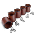 5 Pack of Professional Dice Cups PU Leather and Brown Velvet Lined, Includes 25 White Six-Sided Dice