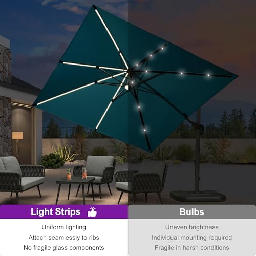 PURPLE LEAF 10 Feet Patio Umbrella Outdoor Cantilever Solar Powered LED Swivel Square Umbrella Aluminum Offset Umbrella with 360-degree Rotation for Garden Deck Pool Patio, Turquoise Blue - color: Turquoise Blue, size: 10' X 10', style: Left-right Tilt（LE