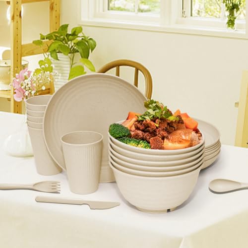 SHECIPIN 42-Piece Wheat Straw Dinnerware Set, Large Round Plates, Bowls and Cups, Unbreakable dish set, Dishwasher and Microwave Safe, Outdoor Dishes (Beige) - color: Beige