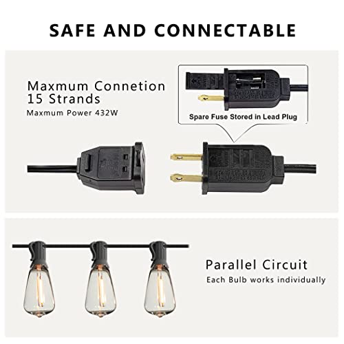DAMAING Outdoor String Lights LED 100 FT Patio String Lights,52 ST38 Shatterproof Edison Style LED Bulbs,Vintage Plastic Outdoor Lights Waterproof for Bistro Gazebos Backyard Balcony Porch. - color: Black, size: 100 Feet