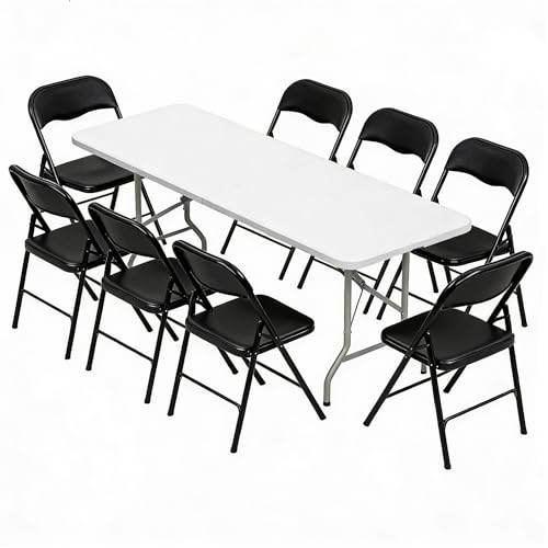Elevon Folding Table Set with 8 Black Folding Chairs,8 Feet Heavy Duty Fold-in-Half Utility Table Sets for Picnic, Event, Training, Outdoor Activities, at Home and Commercial Use - size: 8 feet, style: With 8 Black Chair