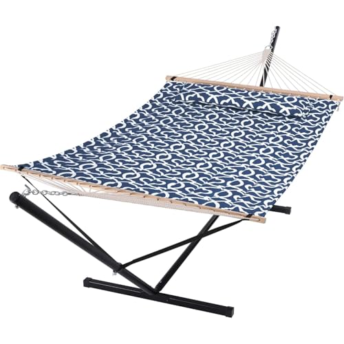 SUNCREAT Two Person Hammock with Stand, 475 lbs Capacity, Portable Patio Hammock with Hardwood Spreader Bar, Large Soft Pillow, Blue Pattern - color: Navy&white, size: 12 ft Stand