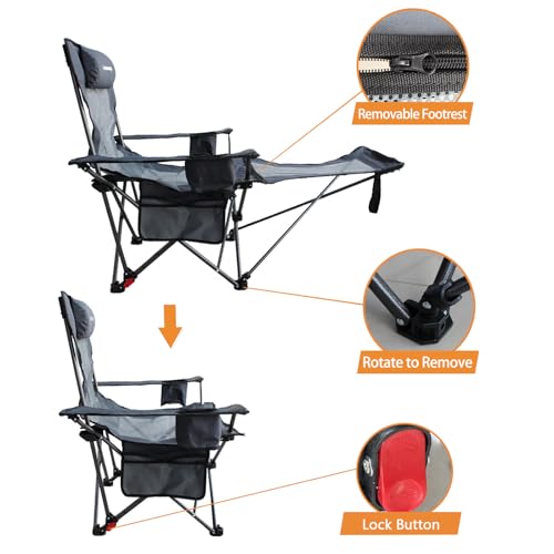 Reclining Camping Chair with Removable Footrest Lounge Chair with Headrest, Cotton Cushion, Portable Adjustable Folding Chairs - color: Gery, size: 1 pack