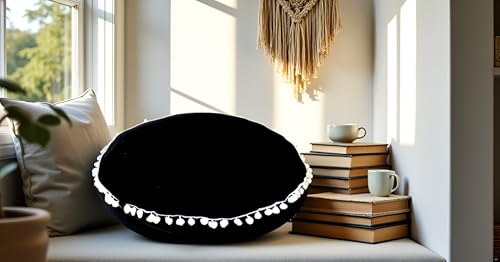 CRAFT KALA Meditation Floor Pillow Cover, Round Large Pillows Cover Seating for Adults, Bohemian Mandala Circle Cushions Cover for Outdoor Fireplace Yoga Living Room (Black, 32" Round) - color: Black, size: 32" x 32" (Pack of 1)