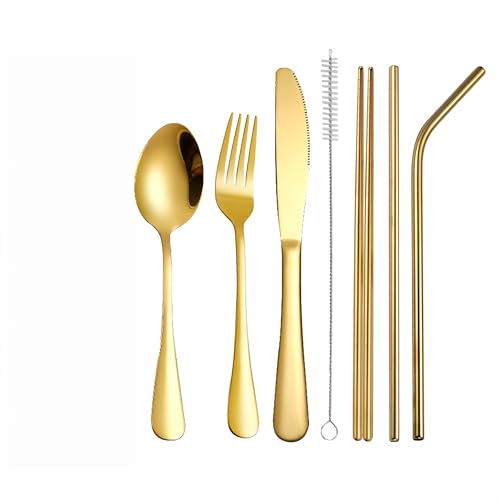7pcs Travel Utensils with Case,Portable Silverware Set for Work, Stainless Steel Reusable Travel Cutlery Set, Fork and Spoon Set for Camping, Picnic, Gadgets, Lunch Box for Men, Black - color: Gold