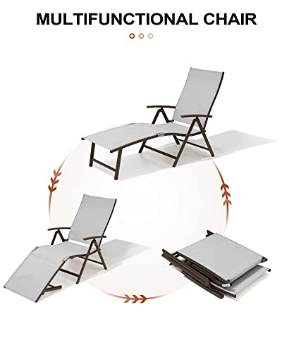 Crestlive Products 2PCS Chaise Lounge Chair Outdoor with 1PC Side Table, Aluminum Folding Patio Recliner Chair, Adjustable 8 Positions Assemble-Free - color: Light Gray, size: 2 Pcs