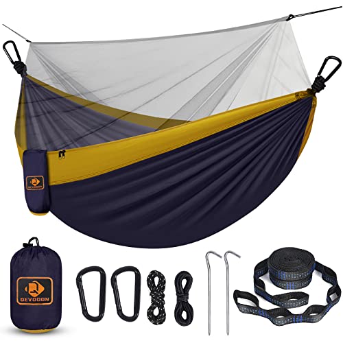 Camping Hammock with Net,Travel Portable Lightweight Hammocks with Tree Straps and Solid D-Shape Carabiners,Parachute Nylon Hammock for Outsides Backpacking Beach Backyard Patio Hiking - color: Navy Blue & Yellow, size: Large