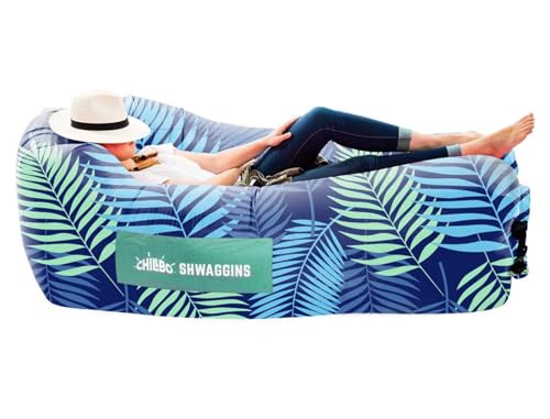 Chillbo Inflatable Couch – Unique Designs - No-Pump Setup, Ripstop Polyester, Stability Pegs, Fun Prints - Portable Air Inflatable Lounger for Beach, Camping, Festivals, and Tailgating - color: Blue Leaf, size: Large