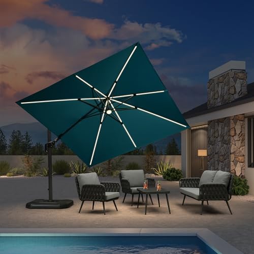 PURPLE LEAF 10 Feet Patio Umbrella Outdoor Cantilever Solar Powered LED Swivel Square Umbrella Aluminum Offset Umbrella with 360-degree Rotation for Garden Deck Pool Patio, Turquoise Blue - color: Turquoise Blue, size: 10' X 10', style: Left-right Tilt（LE