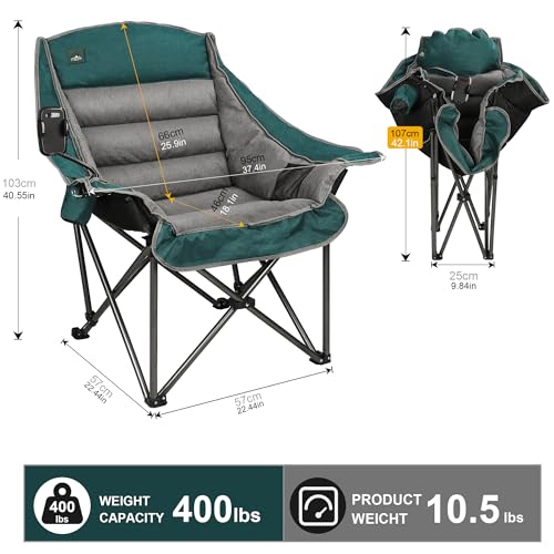 Northroad Oversized XL Padded Camping Chair w/Cell Phone Holder, Large Camp Lounge Chair, Foldable Lawn Chair w/Cup Holder,Carry Bag for Outdoor Hiking, Beach, Picnics, Heavy-Duty 400-lbs Capacity - color: Ph-green