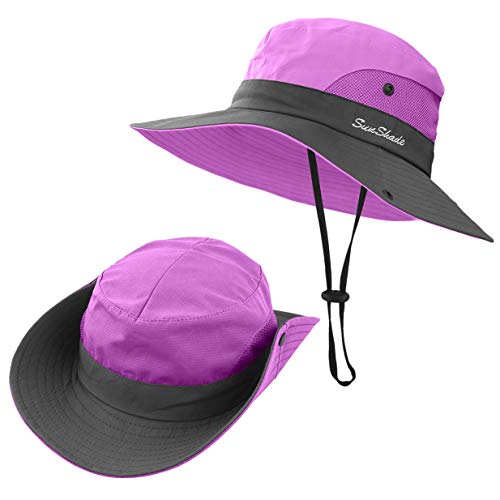3 Pieces Womens Ponytail Wide Brim Sun Hat Packable UV Protection Beach Cap for Fishing & Hiking - color: Purple＆watermelon Red＆sky Blue