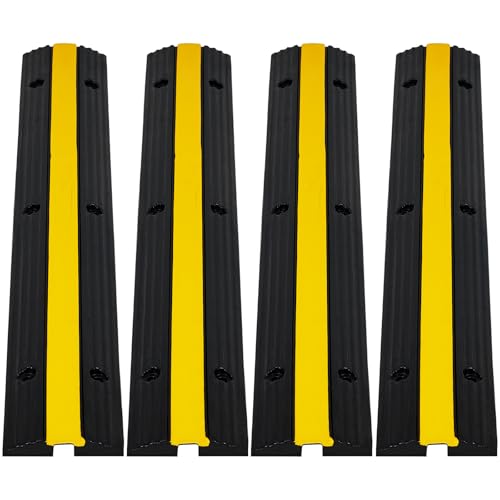 4 Pack of 1-Channel Rubber Cable Protector Ramps, Heavy Duty Floor Cord Cover with Yellow Warning Strips, 18000Lbs Load Capacity Outdoor Pipe and Cable Management, Driveway Protector for Ramps & Bumps